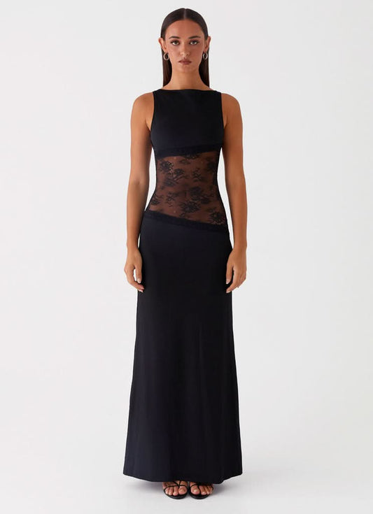 Black sleeveless maxi dress with sheer lace waist panel and floor-length skirt