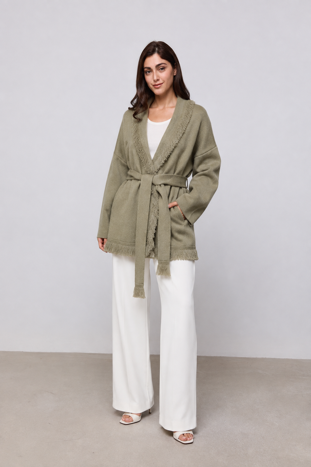 DESIREE | WOOL FRINGE CARDIGAN - Sage Green