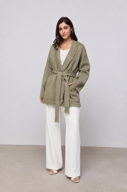 DESIREE | WOOL FRINGE CARDIGAN - Sage Green