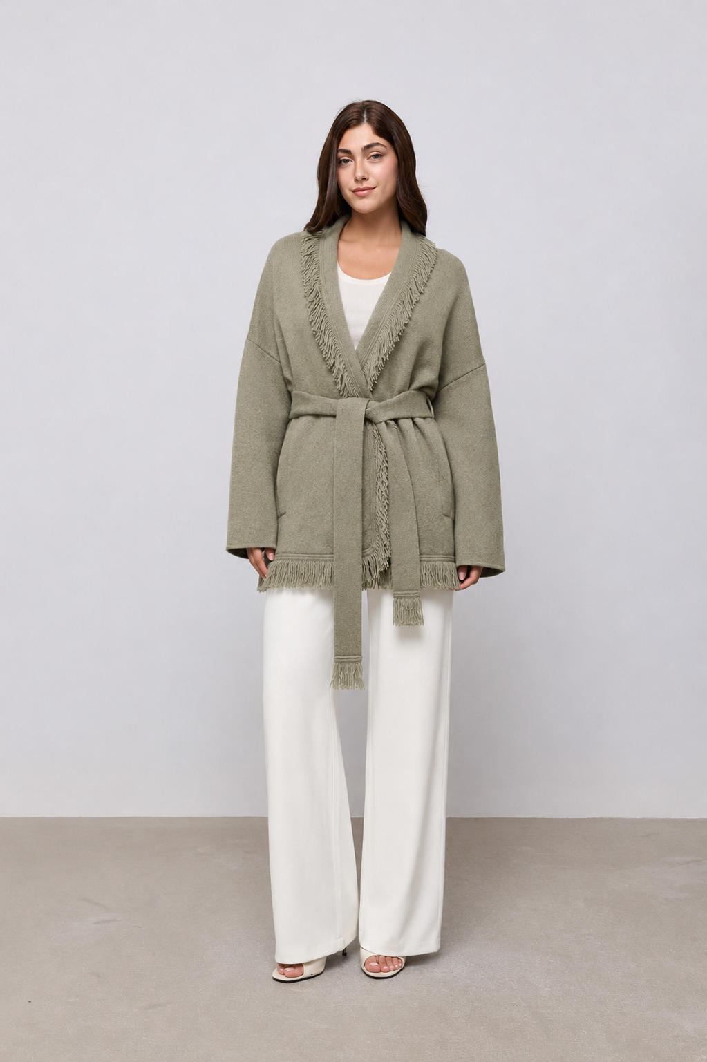 DESIREE | WOOL FRINGE CARDIGAN - Sage Green
