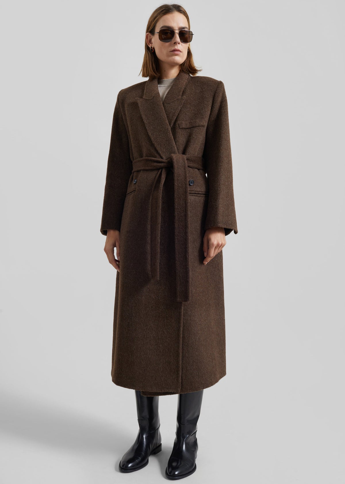 DESTA | LONGLINE BELTED WOOL COAT - Chocolate Brown