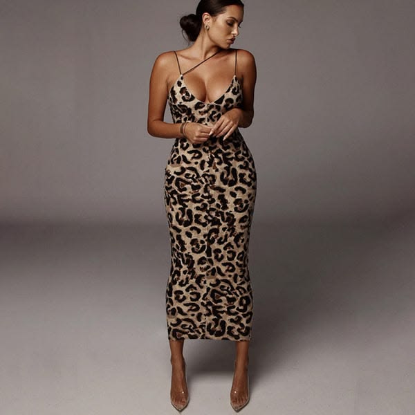 DESTINY | LEOPARD STRAPPY BODYCON MIDI DRESS - Tan Leopard