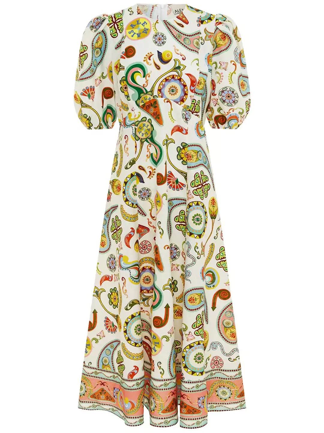 Full-length flat lay of cream midi dress with vibrant paisley print and decorative hem