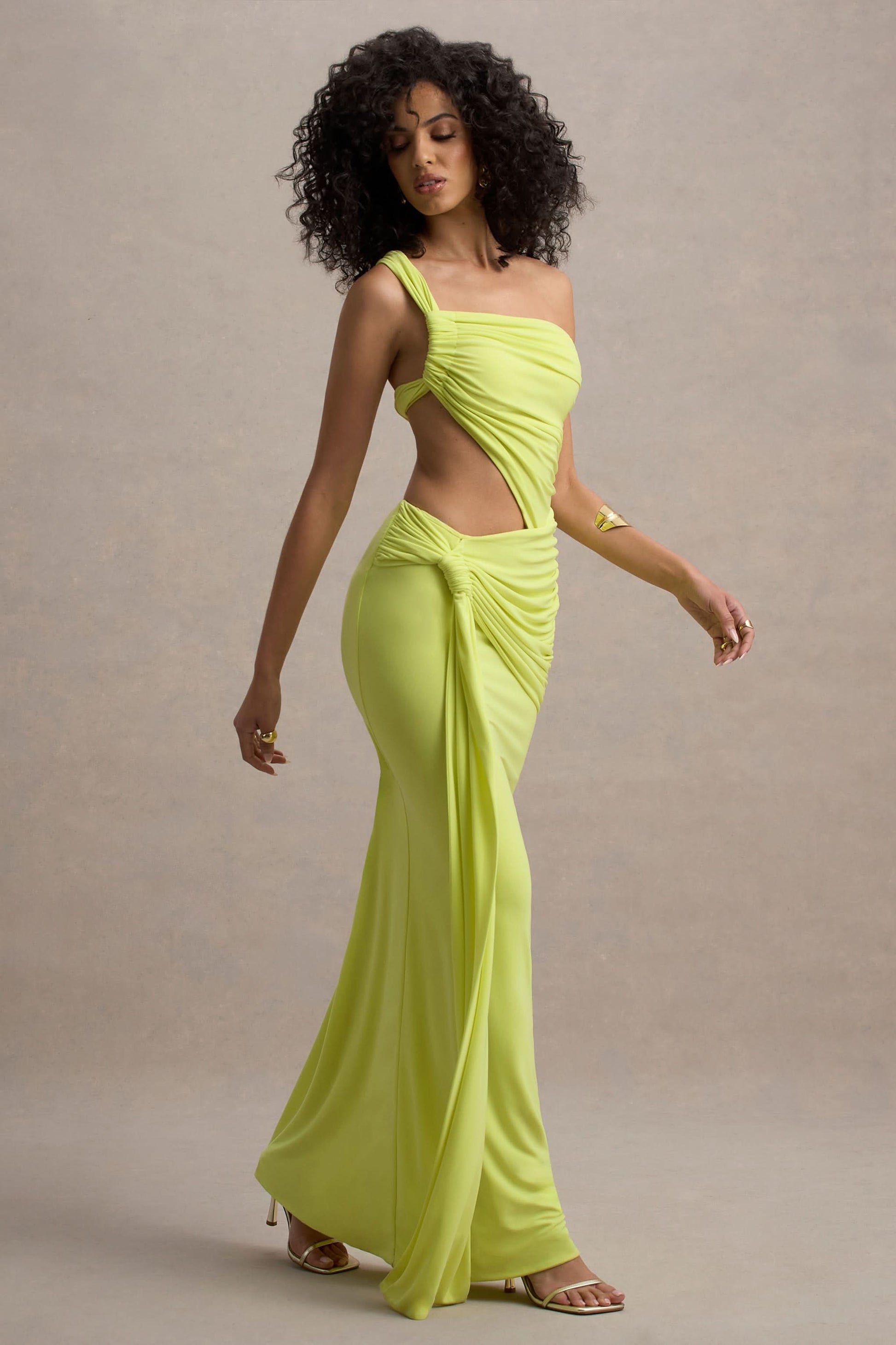 Lime green asymmetric maxi dress with draped side cutout and ruched detailing