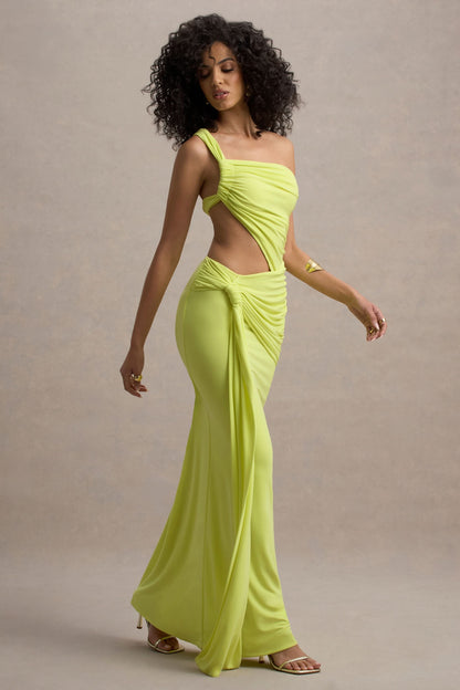 Lime green asymmetric maxi dress with draped side cutout and ruched detailing