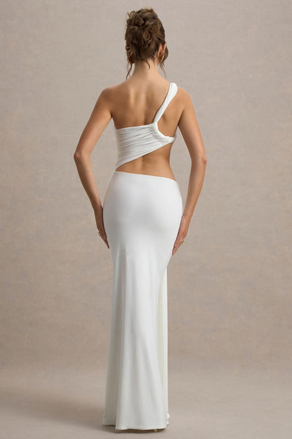 Back view of white asymmetric maxi dress with open back cutout detail