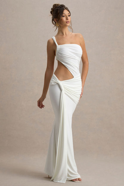 White asymmetric maxi dress with single shoulder strap and asymmetric cutout