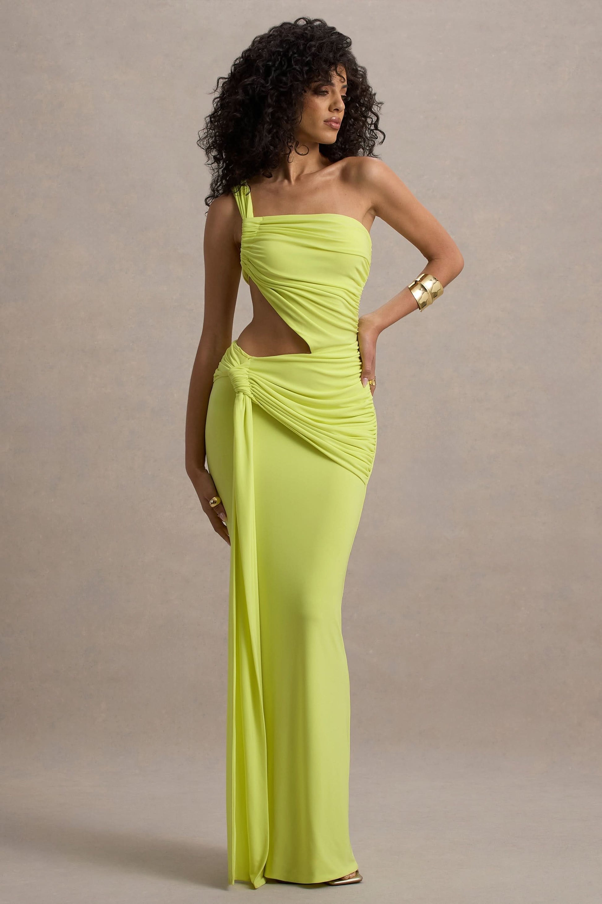 Neon lime asymmetric maxi dress with one-shoulder ruched neckline and cutout waist