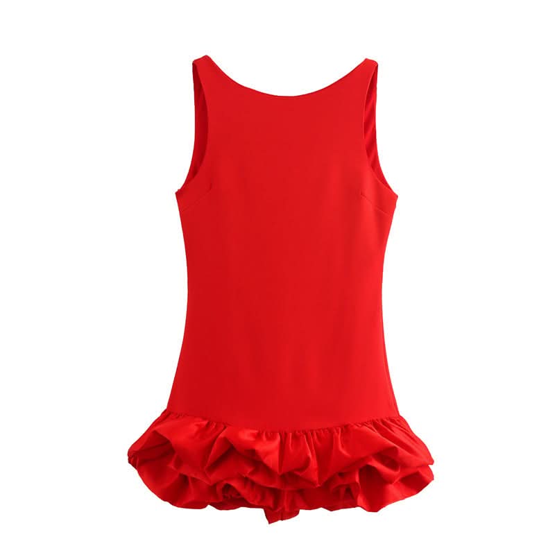 Red sleeveless mini dress with ruffled bubble hem and fitted tank top style