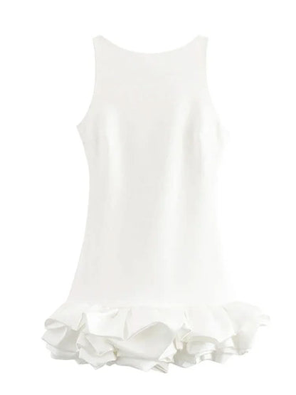 Back view of white sleeveless mini dress with gathered bubble hem