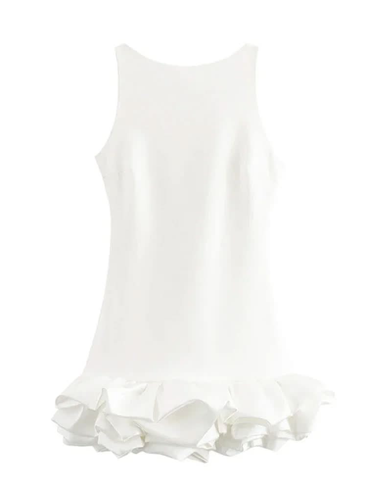 White black and red mini dresses with bubble hem shown in three color options