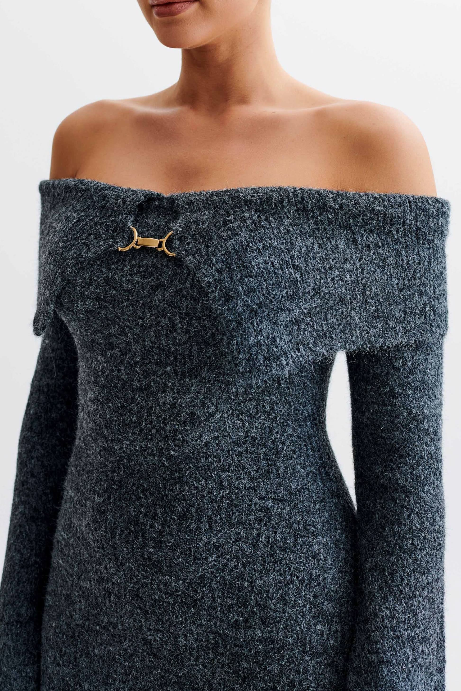 Charcoal gray off-shoulder knit midi dress with gold clasp and cutout sleeves