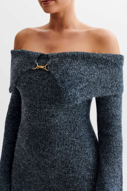 Charcoal gray off-shoulder knit midi dress with gold clasp and cutout sleeves