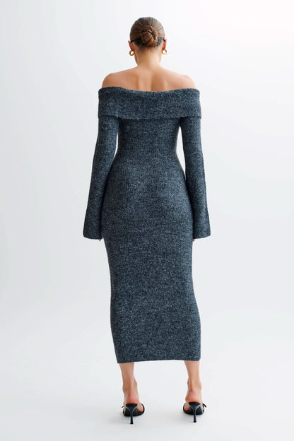 Back view of charcoal gray off-shoulder knit midi dress with bell sleeves