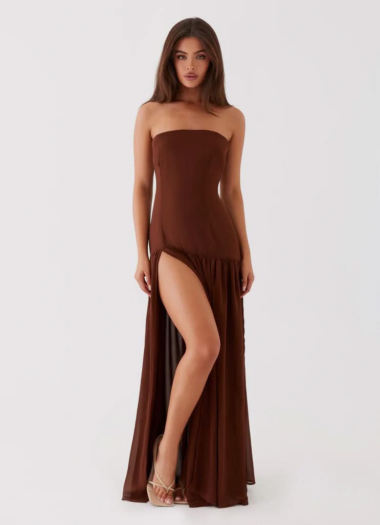 Chocolate brown strapless maxi dress with high leg slit, front view