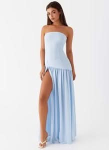 Light blue strapless maxi dress with high slit and gathered skirt detail
