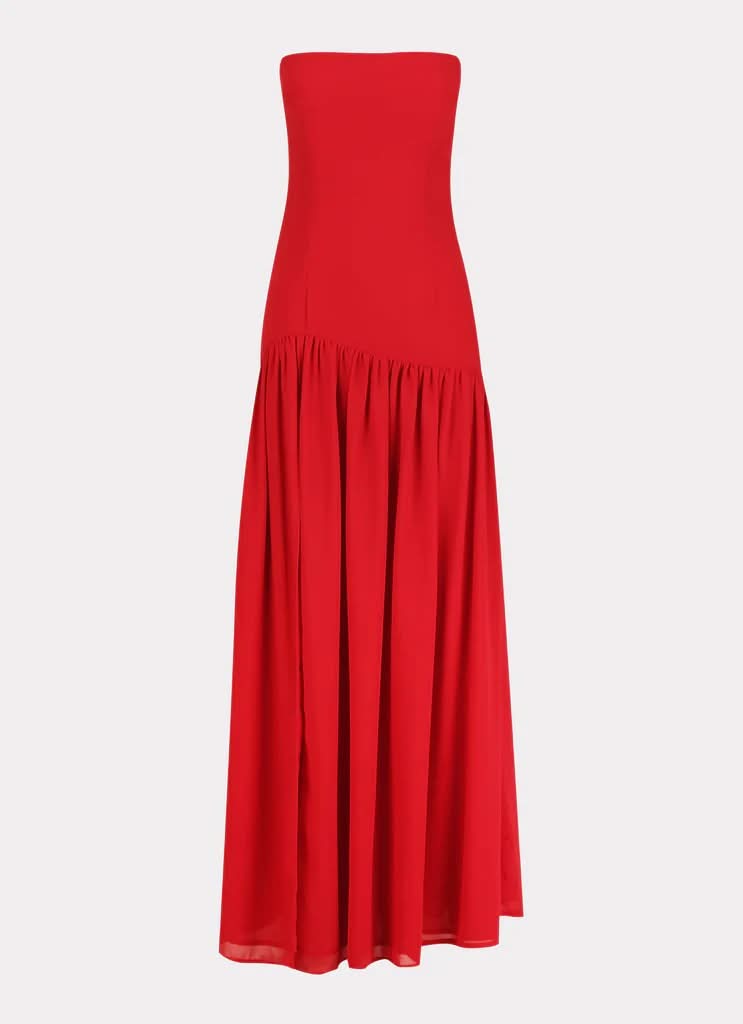 Red strapless maxi dress full length view with gathered hem