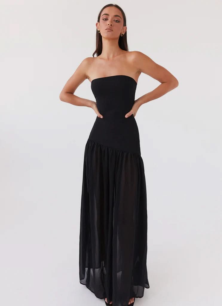 Light blue strapless maxi dress with high thigh slit and draped skirt