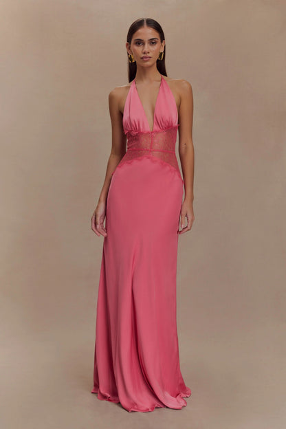 pink halter maxi dress with lace waistband and deep V-neckline