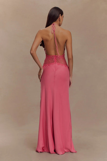 Back view of pink maxi dress with halter tie and lace bodice