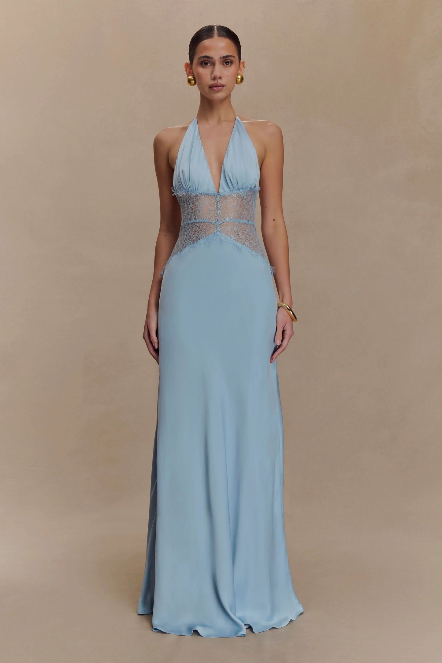Light blue halter maxi dress with sheer lace waist panel