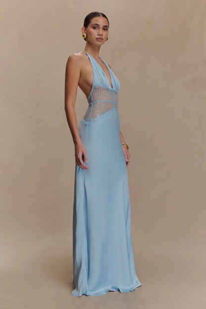 Side view of light blue maxi dress with lace bodice detail