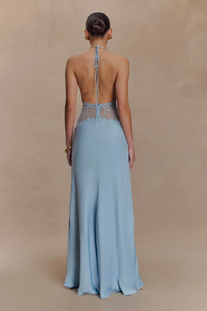 Back view of light blue maxi dress showing halter tie closure