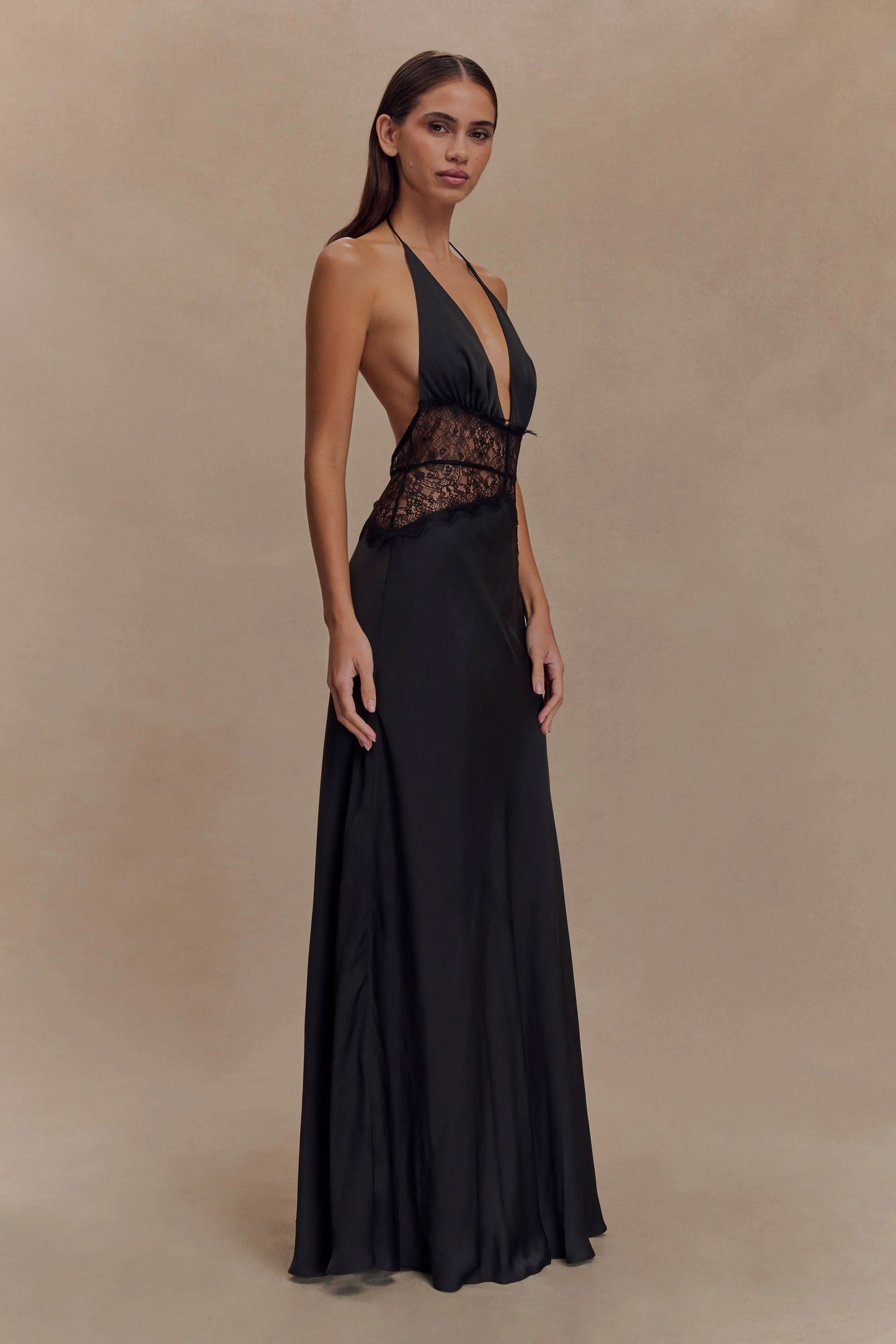 Black maxi dress with halter neckline and black lace waist detail
