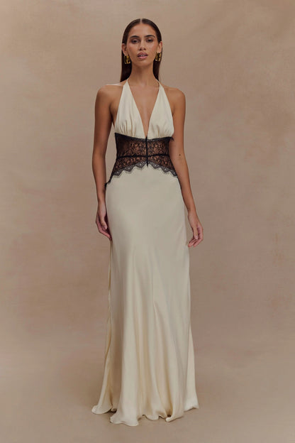 Cream halter maxi dress with black lace waist and fringe trim