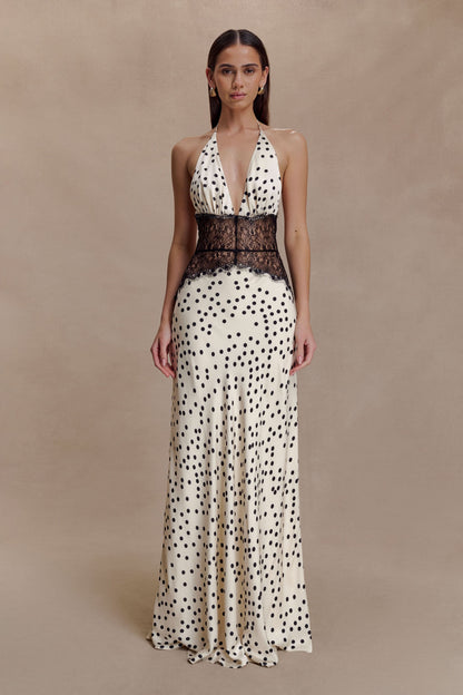 Cream polka dot halter maxi dress with black lace waist band