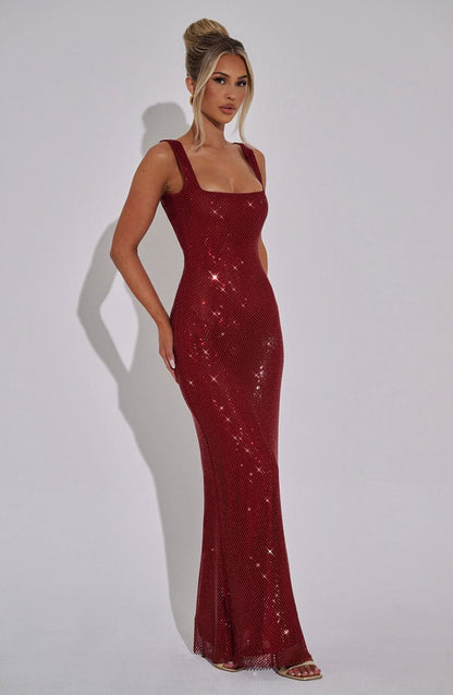 Burgundy sparkle maxi dress with square neckline and floor-length hem
