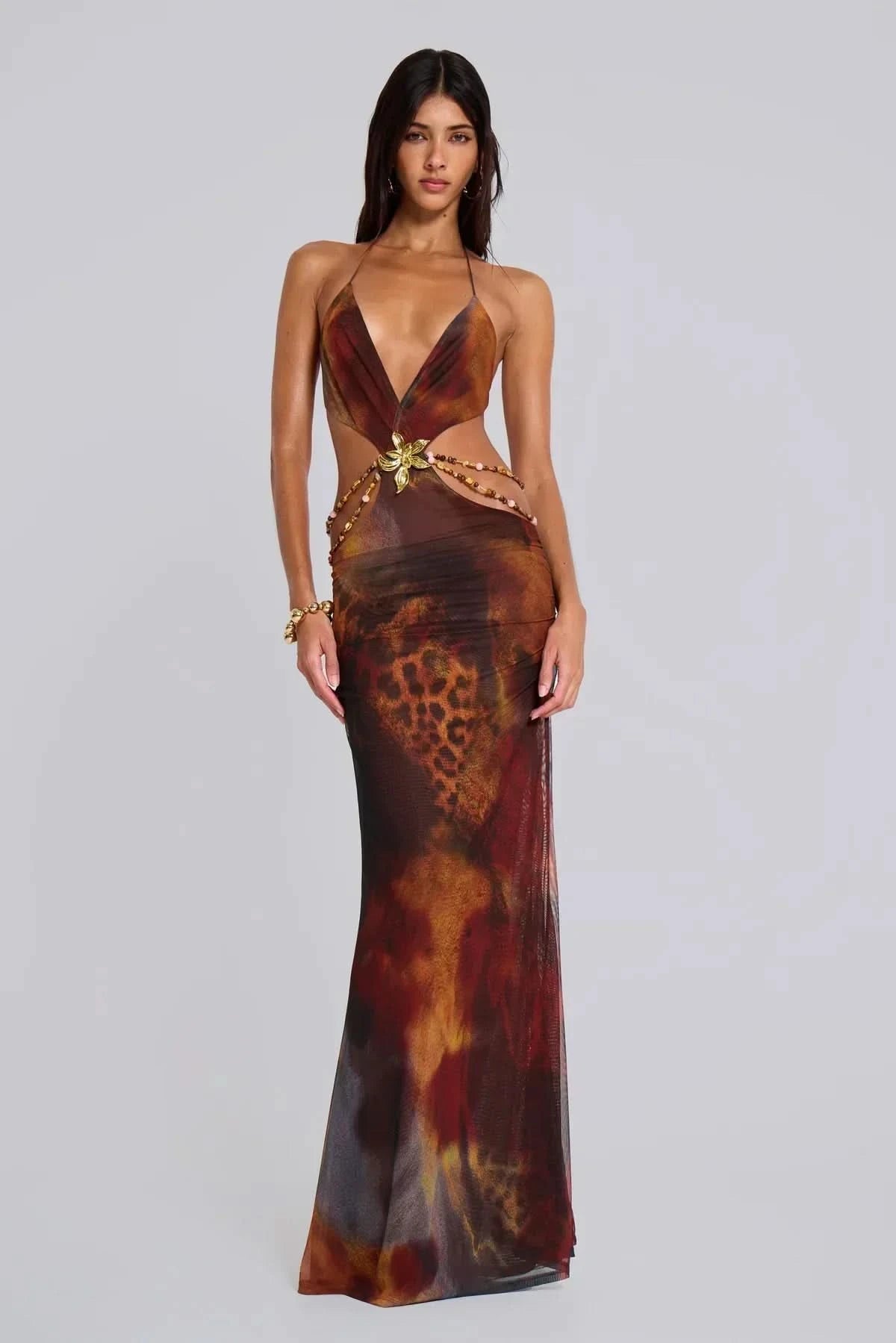 Burgundy animal print halter maxi dress with gold butterfly waist detail for women