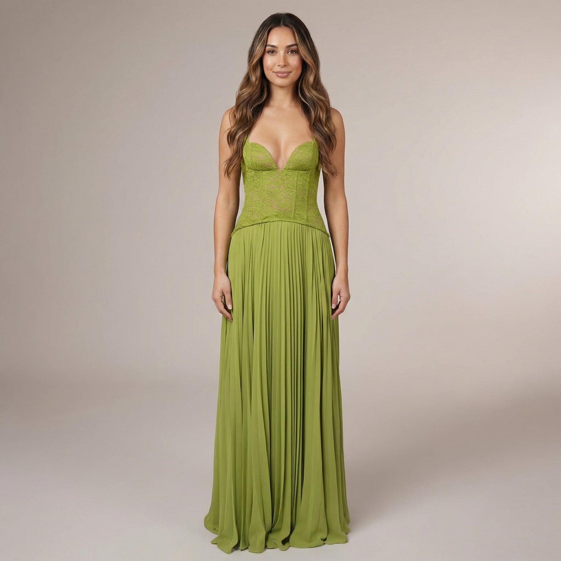 Lime green lace halter maxi dress with sweetheart neckline and pleated chiffon skirt for women