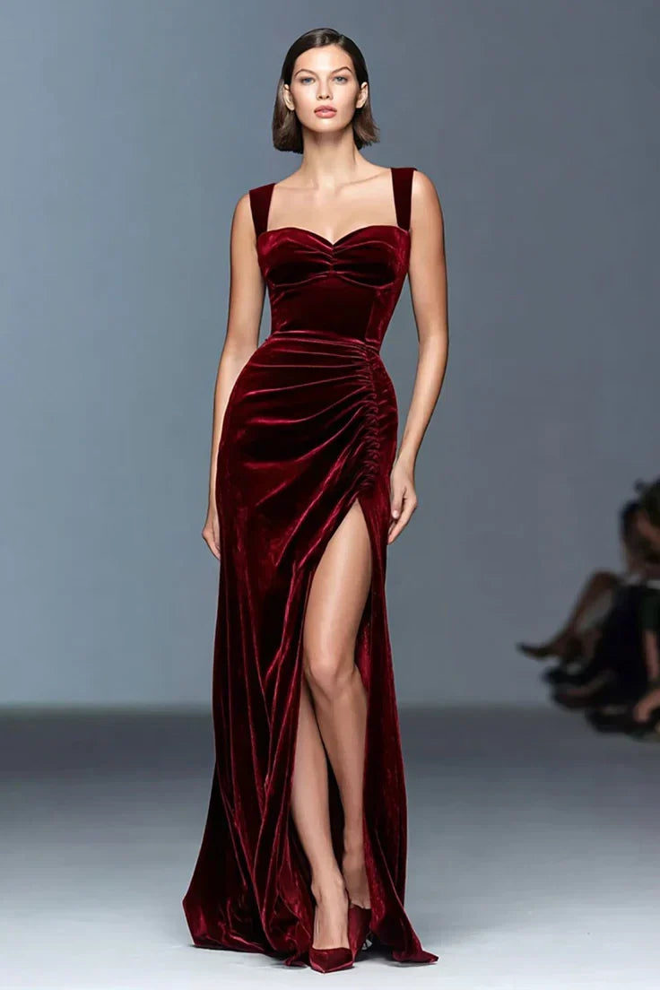 DOROTA | RUCHED VELVET SLIT MAXI DRESS - Burgundy