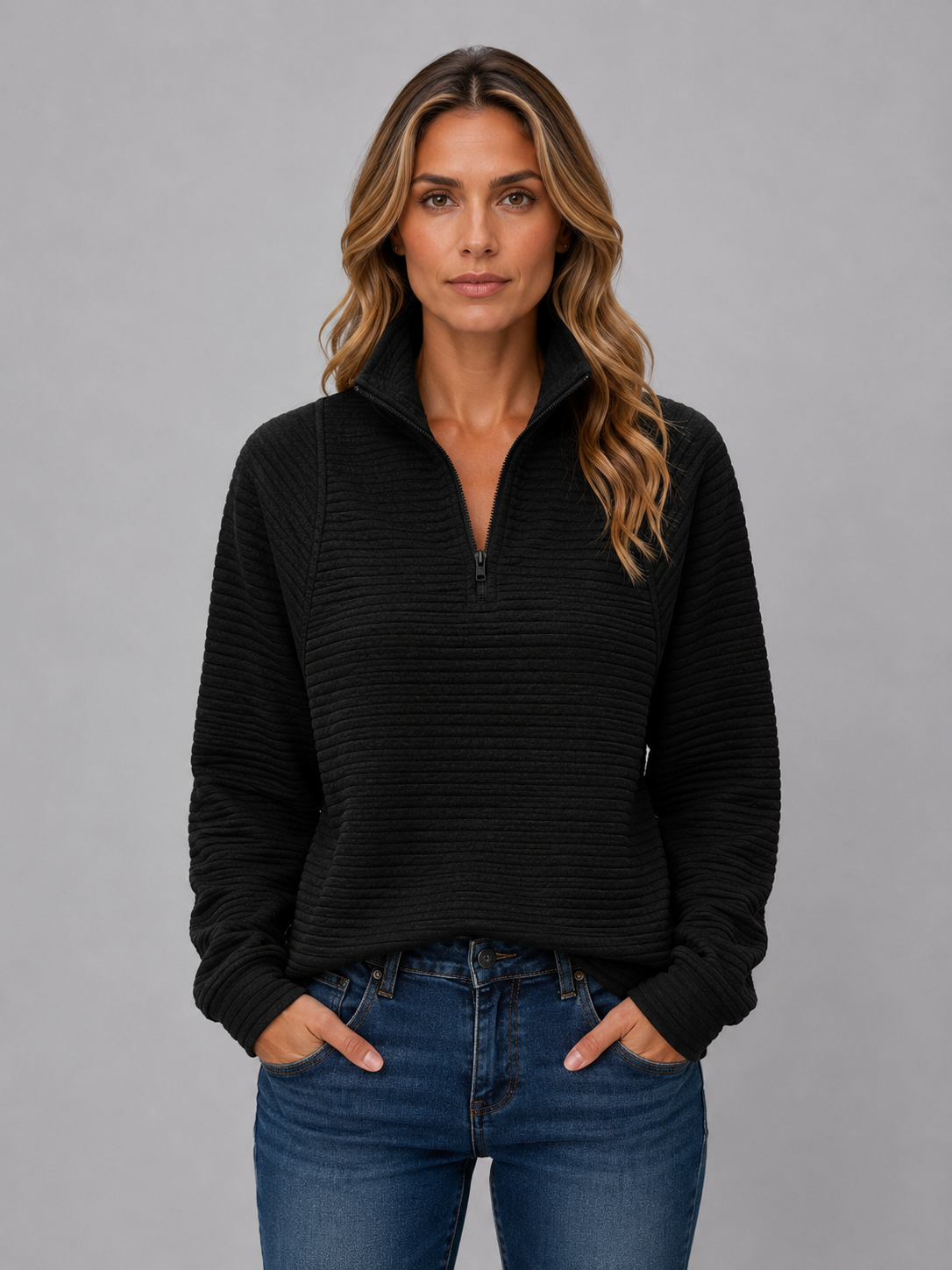 DOROTHY | RIBBED HALF-ZIP SWEATER - Black