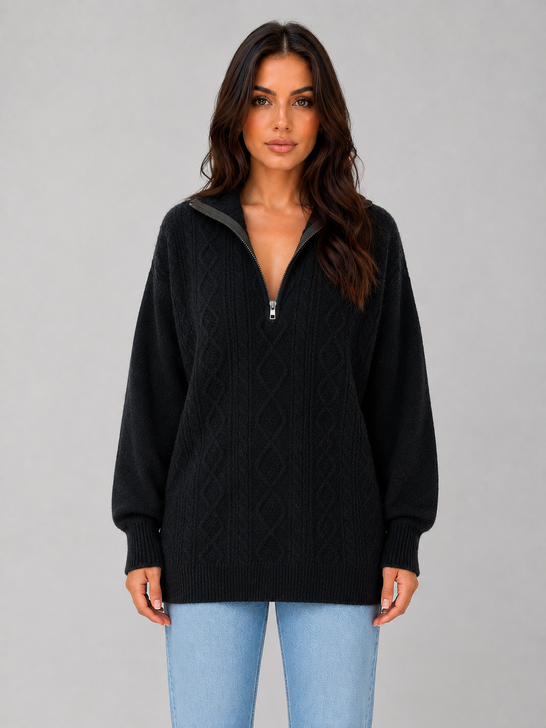 DREW | HALF-ZIP CABLE KNIT SWEATER - Black