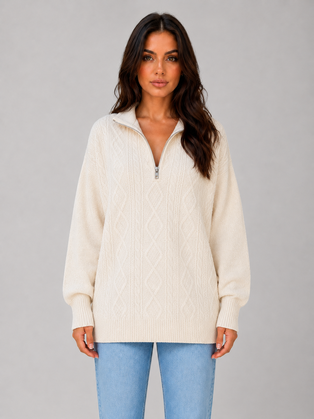 DREW | HALF-ZIP CABLE KNIT SWEATER - Cream