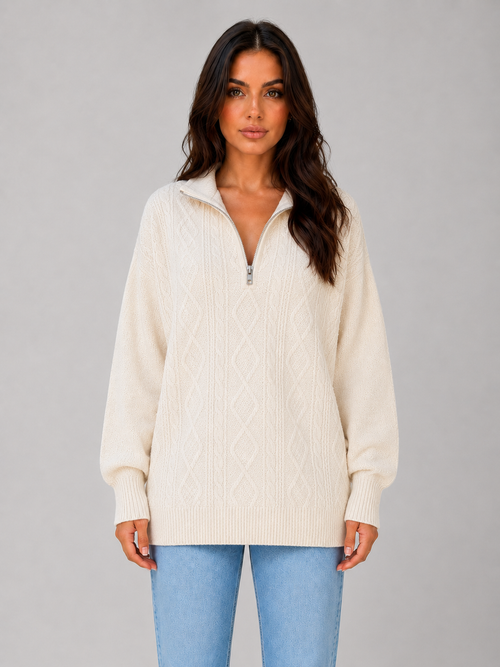 DREW | HALF-ZIP CABLE KNIT SWEATER - Cream