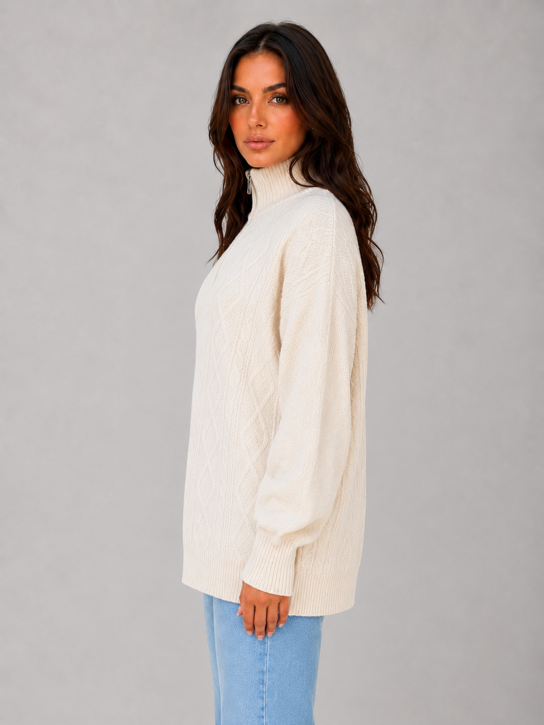 DREW | HALF-ZIP CABLE KNIT SWEATER - Cream