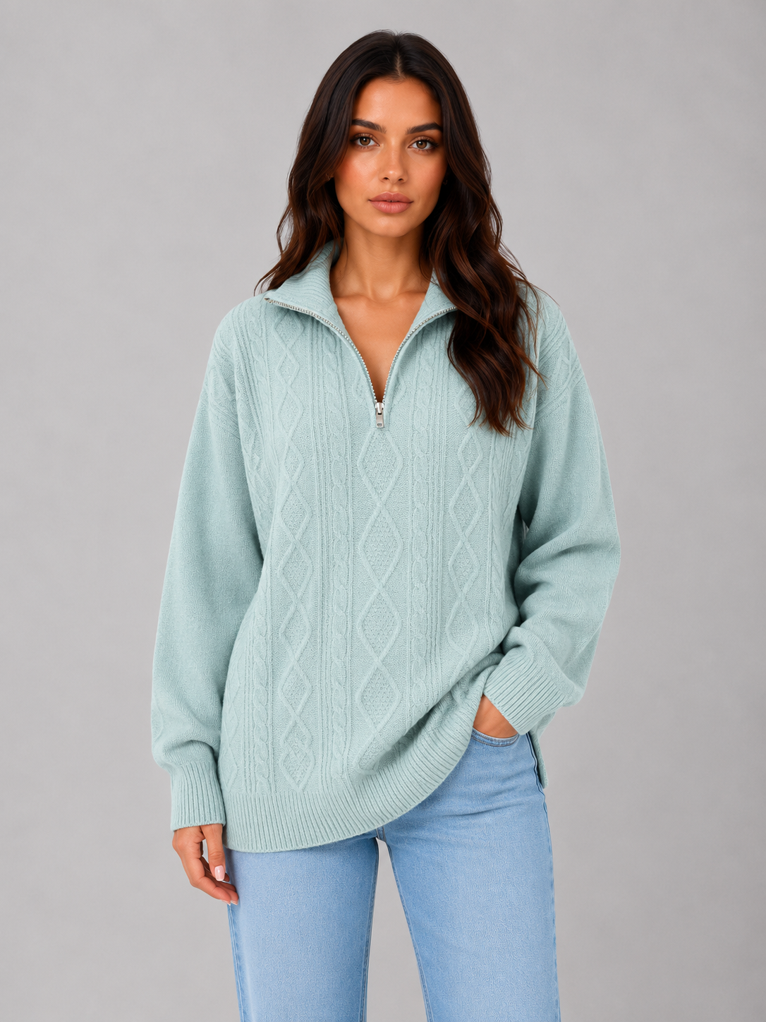 DREW | HALF-ZIP CABLE KNIT SWEATER - Mint Green