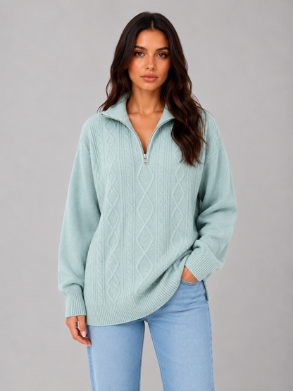 DREW | HALF-ZIP CABLE KNIT SWEATER - Mint Green