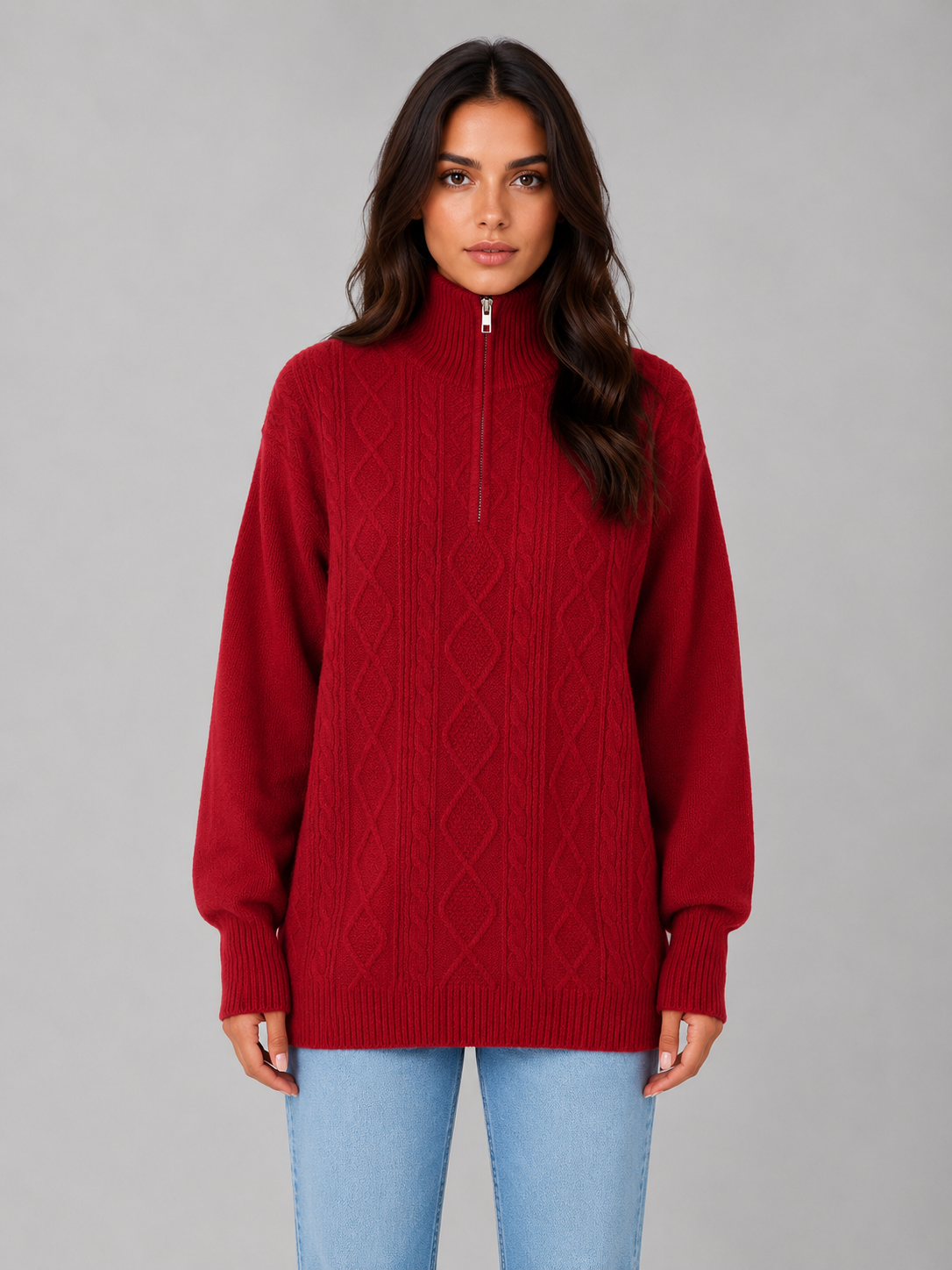DREW | HALF-ZIP CABLE KNIT SWEATER - Red