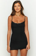 DULCINA | LACE TRIM CAMI MINI DRESS - Black