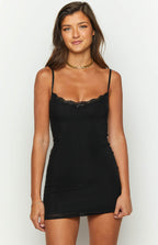 DULCINA | LACE TRIM CAMI MINI DRESS - Black