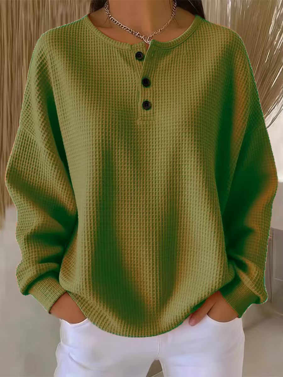 DVORA | WAFFLE TEXTURE BUTTON NECK SWEATER - Olive Green