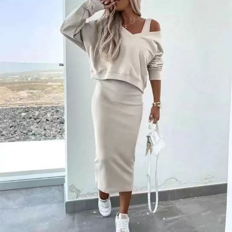 Beige cold shoulder sweatshirt and midi skirt set with long sleeves