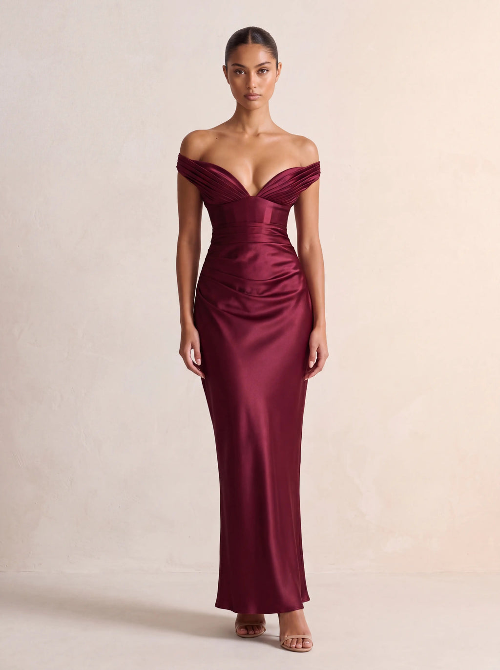 EGLANTINE | OFF SHOULDER CORSET SATIN MAXI DRESS - Burgundy