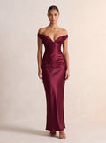 EGLANTINE | OFF SHOULDER CORSET SATIN MAXI DRESS - Burgundy