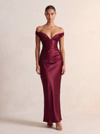 EGLANTINE | OFF SHOULDER CORSET SATIN MAXI DRESS - Burgundy