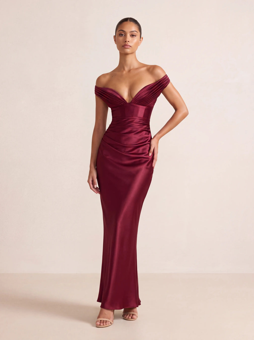EGLANTINE | OFF SHOULDER CORSET SATIN MAXI DRESS - Burgundy